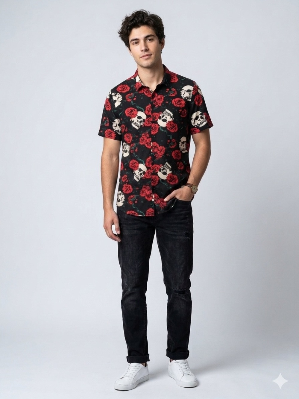 SS Button-Up Camp Shirt 4th DIMENSION Black Skull/Red Rose Print Men's Size S